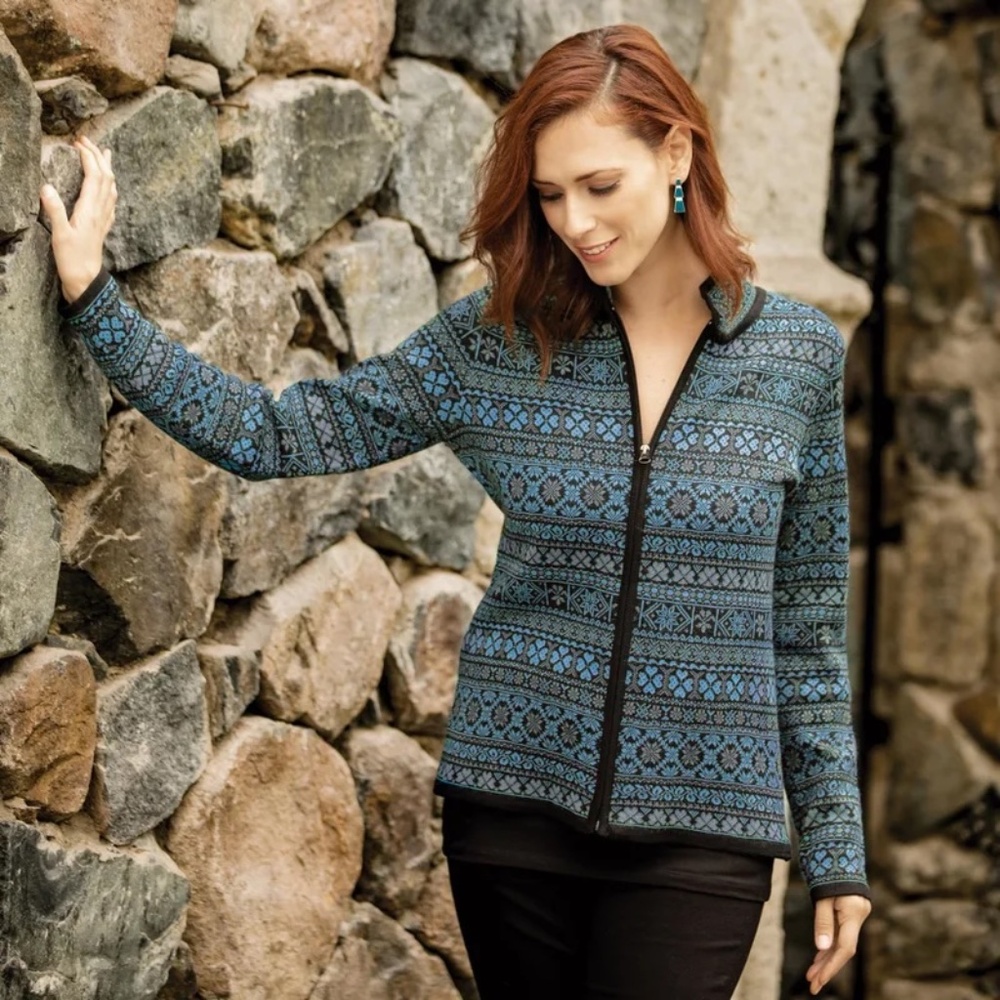Alpaca Imports Aymara zip up cardigan knit sweater M alpaca wool Peru teal black